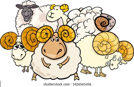 Cartoon Illustration of Ram or Sheep Farm Animal Characters