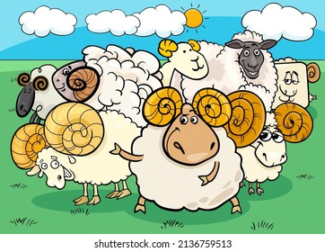 Cartoon illustration of rams or sheep farm animal characters