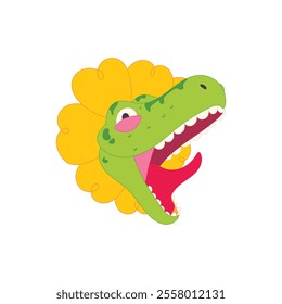 cartoon illustration of raptor head with sunflower