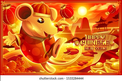 A cartoon illustration of the rat in Chinese dress jumping happily near the cliff with Chinese scenery in red tone. Chinese new year. The year of rat. The rat year.