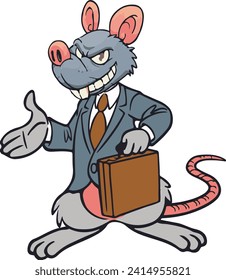 Ilustración de caricatura de A Rat Wearing Suit y sostiene Breve Chase. Llevando una bolsa de dinero. Mejor para mascotas, logotipo y pegatinas con temas de corrupción. Corruptor Mascot