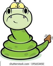 Cartoon illustration of a rattle snake with a sad expression. 