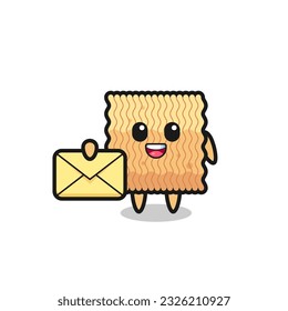 cartoon illustration of raw instant noodle holding a yellow letter , cute style design for t shirt, sticker, logo element