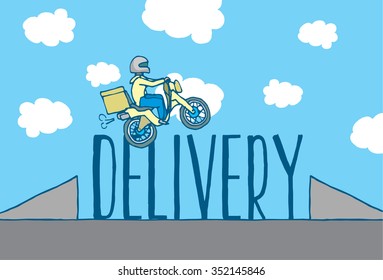 Cartoon illustration of reckless delivery boy jumping ramp on motorcycle