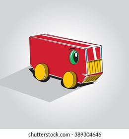 Cartoon illustration of rectangle shaped funny red car comic character. Basic geometric shaped car character for children education.