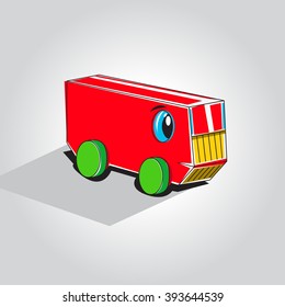 Cartoon illustration of rectangle shaped funny red car comic character. Basic geometric shaped car character for children education.