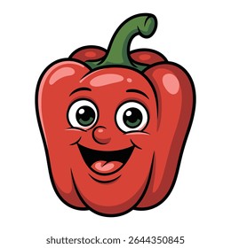 A cartoon illustration of a red bell pepper with a happy expression large eyes and a wide smile The pepper is bright red with a green stem and is set against a white background 