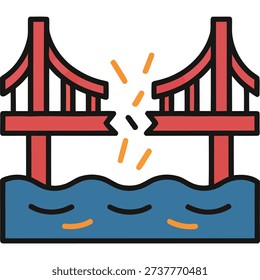 Cartoon illustration of a red bridge collapsing into water