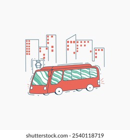 Una ilustración de dibujos animados de un autobús rojo que pasa por los edificios de la ciudad con una señal de parada de autobús.