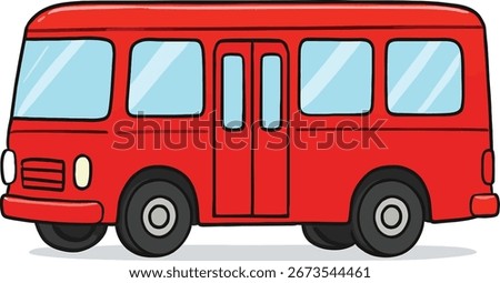 Cartoon illustration of a red bus with windows and doors on a white background.