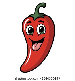 A cartoon illustration of a red chili pepper with a happy expression large eyes and tongue sticking out The style is playful and vibrant against a white background