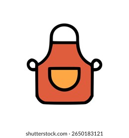 Cartoon Illustration of Red Cooking Apron with Yellow Front Pocket and Black Bold Outline on White Background