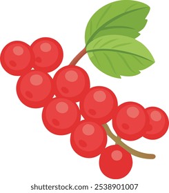 Cartoon Illustration of Red Currant Branch, Vector illustration of a red currant branch with bright red berries and green leaves in a simple, cartoon style.