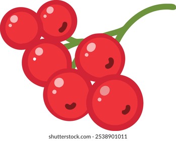 Cartoon Illustration of Red Currant Branch, Vector illustration of a red currant branch with bright red berries and green leaves in a simple, cartoon style.