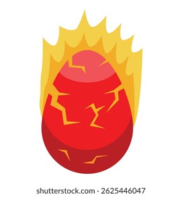 Cartoon illustration of a red dragon egg with flames surrounding it, cracking from the heat