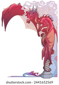 A cartoon illustration of a red dragon sitting on a pedestal, featuring bold graphics and magenta accents. The drawing depicts a fictional character in a vibrant artistic style. Decorative frame. 