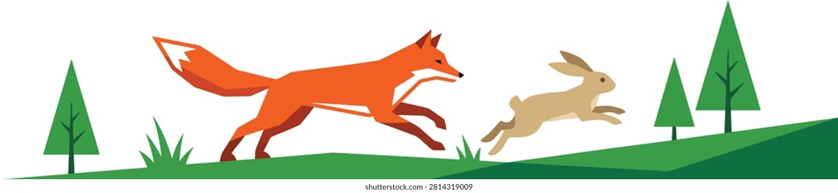 Cartoon illustration of a red fox chasing a brown rabbit in meadow with wildlife predator outdoors illustration environment landscape movement adventure creature colorful