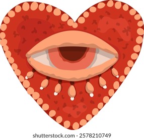 Cartoon illustration of a red heart with eye. Valentine with beads.