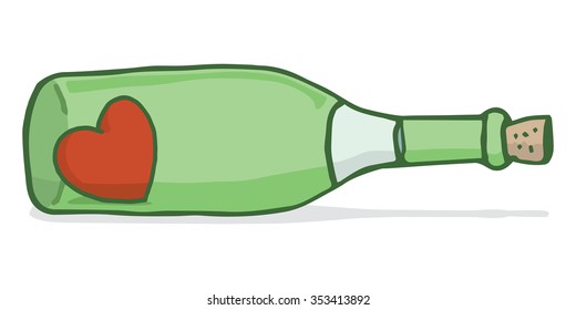 Cartoon illustration of red heart inside a wine bottle