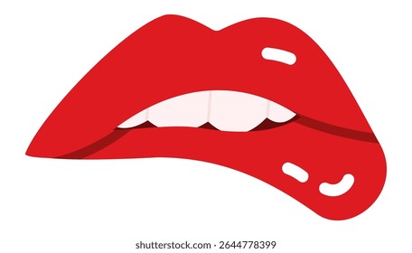 Ilustración de dibujos animados de labios rojos mordiendo el labio inferior con dientes blancos sobre fondo blanco, representando conceptos como seducción, sensualidad, deseo y belleza