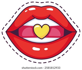 Cartoon illustration of red lips holding a yellow heart shaped candy between teeth, representing love, affection, valentine s day, romantic feelings, and passion