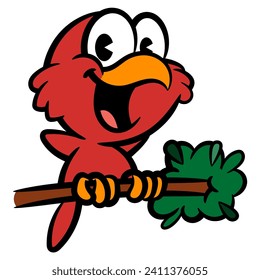 Cartoon illustration of Red Little Bird singing and dancing on a tree branch, best for sticker, logo, and mascot with nature themes