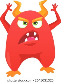 Cartoon illustration of a red monster with horns, roaring and raising hands, showing teeth and tongue, with green eyes and orange feet, isolated on white background