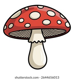 Cartoon illustration of a red mushroom with white spots and a creamy white stem against a white background The style is simple and whimsical