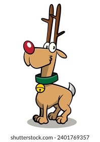 Cartoon illustration of Red Nose Reindeer wearing necklace with bells. Best for sticker, mascot, and logo with christmas themes