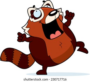 A cartoon illustration of a red panda dancing and smiling.