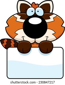 A cartoon illustration of a red panda with a white sign.