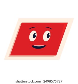 Cartoon illustration of a red parallelogram with a face, smiling and looking happy