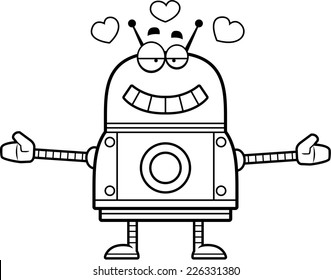 A cartoon illustration of a red robot ready to give a hug.