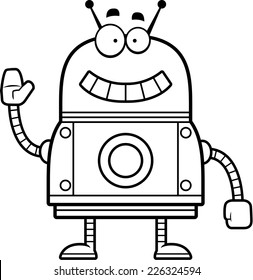 A cartoon illustration of a red robot smiling and waving.