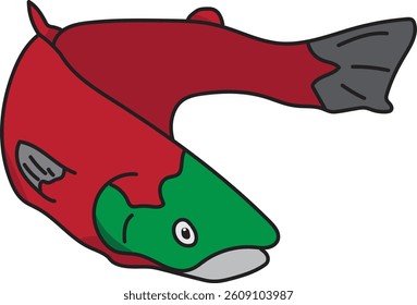Cartoon Illustration of a Red Salmon Fish with Green Head