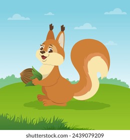 Cartoon illustration of a red squirrel looking at us with an acorn. Vector illustration highlighted on a bright background of lkx postcards, poster