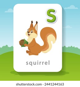 Cartoon illustration of a red squirrel looking at us with an acorn. Vector illustration highlighted on a bright background of lkx postcards, poster, alphabet