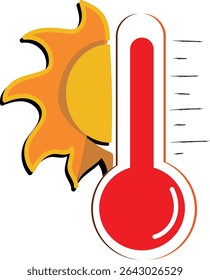 desenho animado ilustração de um termômetro vermelho com um sol amarelo ao lado, indicando altas temperaturas. A insolação é uma condição grave que pode ocorrer quando o corpo superaquece