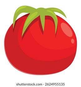 Cartoon illustration of a red tomato with a green sepal still attached to the top