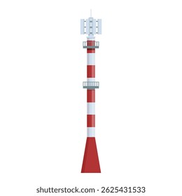 Cartoon illustration of a red and white communication tower with antennas and telecommunication equipment, isolated on white background