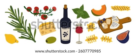 Cartoon illustration of red wine and wine snacks. Traditional Italian food like pasta, tomato, melon, cheese isolated on white background. Wine plate with cheese and blueberry, melon and fig.