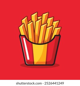 A cartoon illustration of a red and yellow French fry container filled with golden-brown fries on a red background.