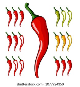 Cartoon illustration of red, yellow and green hot chili peppers. Can be used as a label to indicate spiciness.