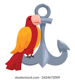 Cartoon illustration of a red and yellow parrot perching on a metal anchor, representing seafaring adventures
