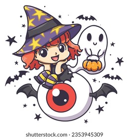 Cartoon illustration of the red-haired witch sits on a devil eyeball.. These cute cartoon file are perfect for T-shirts, phone cases, bags, mugs, stickers, tumblers.