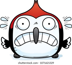 A cartoon illustration of a red-headed woodpecker looking scared.