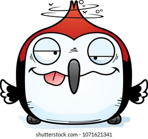 A cartoon illustration of a red-headed woodpecker looking drunk.