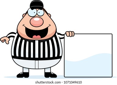 A cartoon illustration of a referee with a sign.