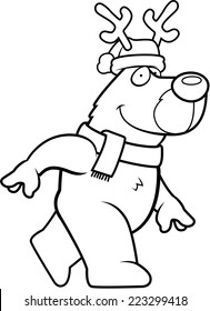 A cartoon illustration of a reindeer with a Christmas hat and scarf on.