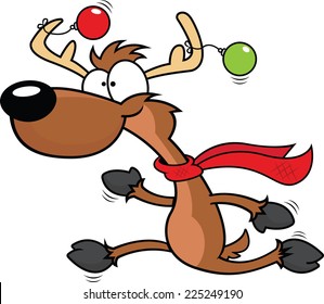 Cartoon illustration of a reindeer running with a happy expression. 